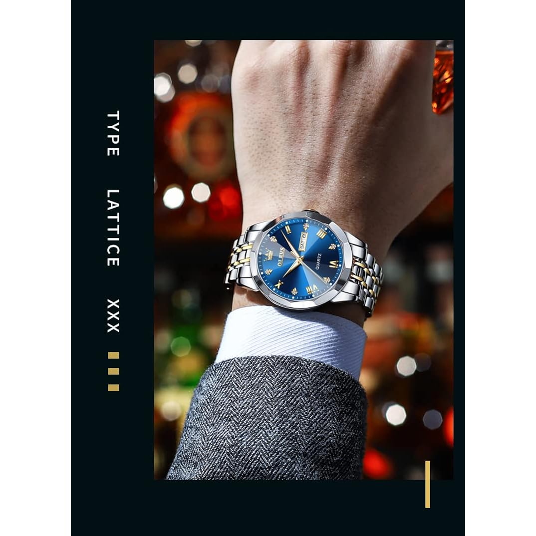 Olevs Watch For Men Diamond Business Dress Analog Quartz Stainless Steel Waterproof Luminous Date Two Tone Luxury Casual Wrist Watch Blue