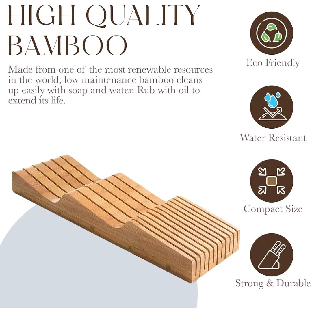 Bellemain 100% Pure Bamboo In Drawer Knife Block | 16 Knife Slots Knife Drawer Organizer | Store Knives Safely With The Blades Down | Storage Solution For Your Kitchen | Knife Organizer Drawer Insert