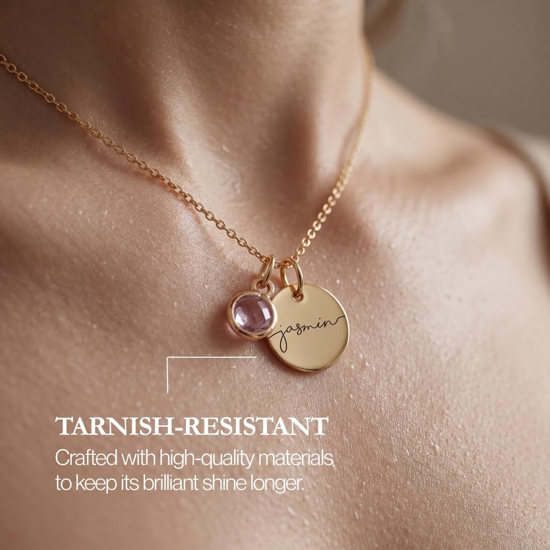 MignonandMignon Personalized Name Necklace with Birthstone | Custom Engraved Pendant Necklace for Women | Tarnish-Free Gold Dainty Jewelry Mom Birthday Gifts | Necklace with Kids Names for Grandma