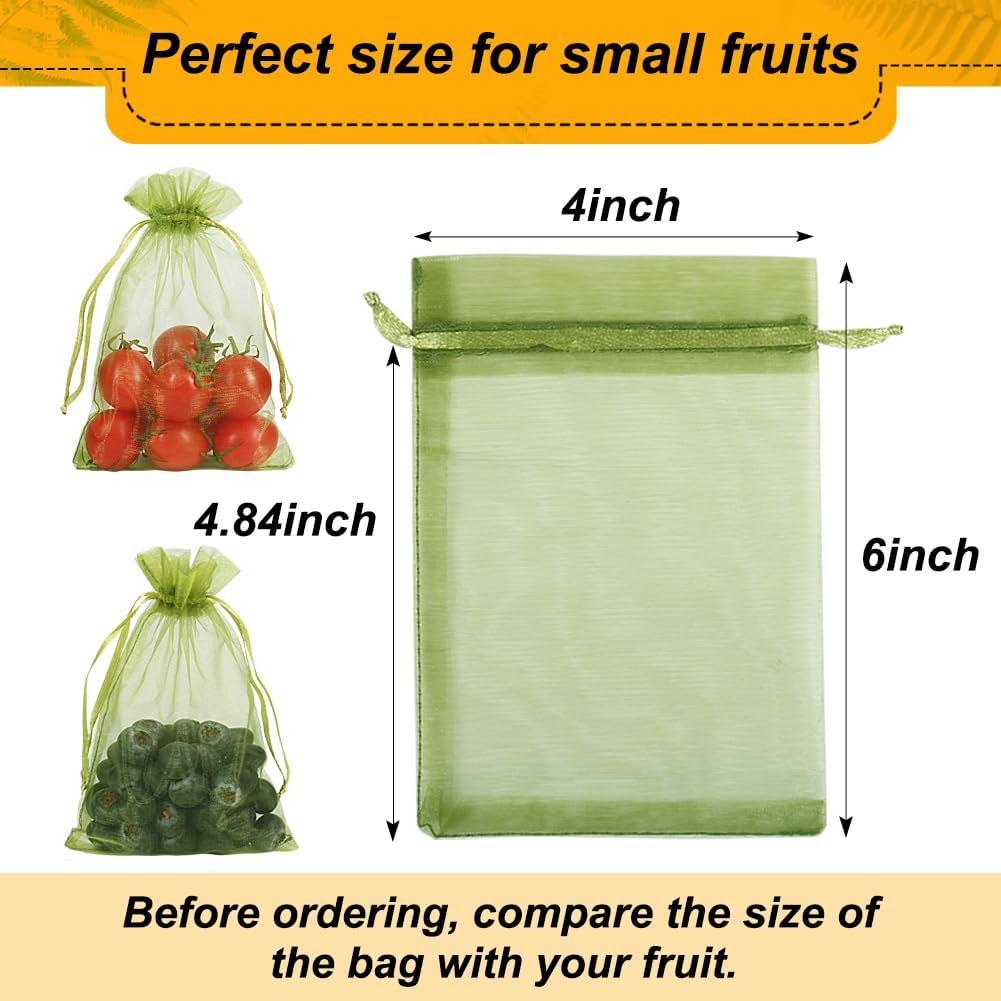 100Pcs Fruit Protection Bags, 4X6 Inch Green Strawberry Netting Cover Drawstring Mesh Bags Pest Barrier For Blueberry Small Fruit
