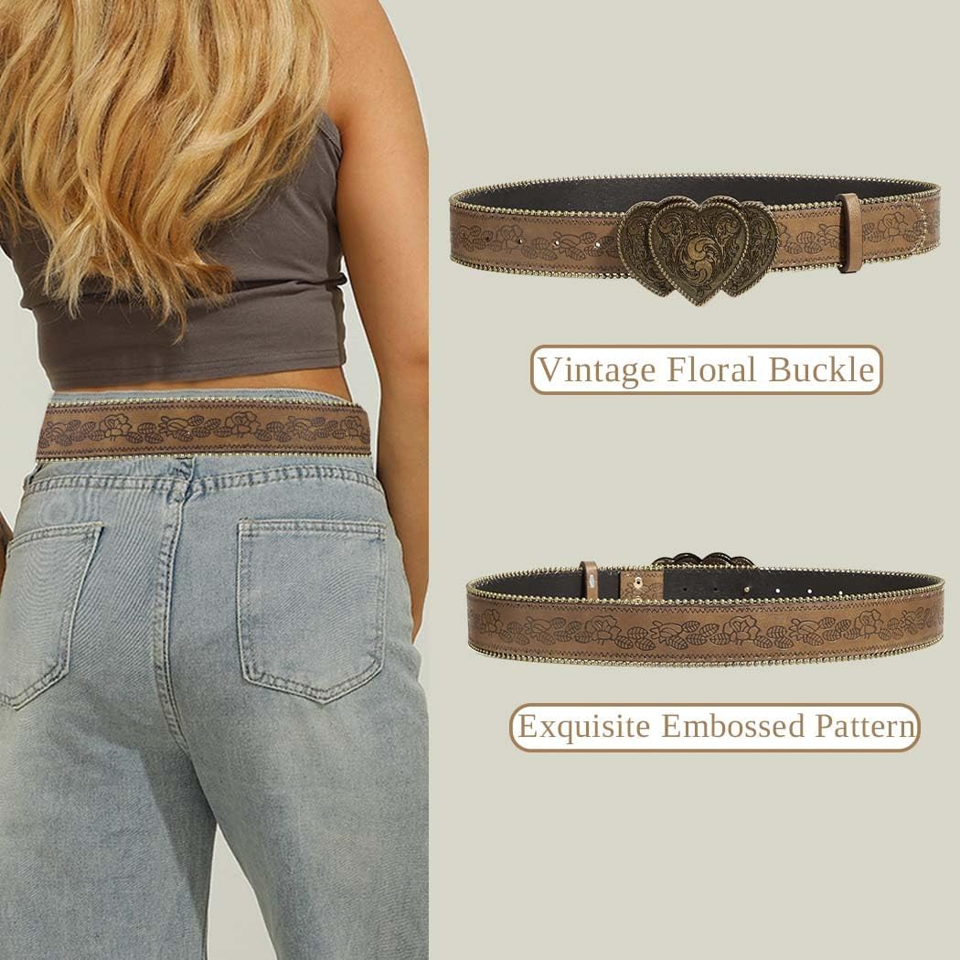 Women Western Belt with Heart Embossed Buckle Vintage Brown Belt for Jeans Pant Dress Cowgirl Cowboy Belts