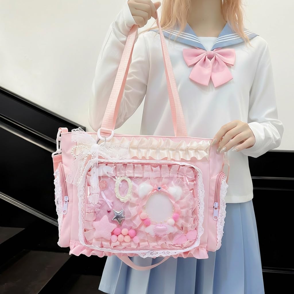Ita Bag With Diy Accessory Kit - Clear Window Y2K Kawaii Lace Crossbody Bag With Display Insert For Pins & Button Badges