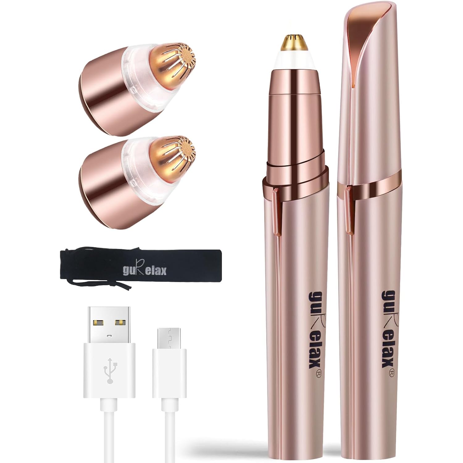 Eyebrow Trimmer for Women, Rechargeable Eyebrow Hair Remover, Painless Electric Razor with 2 x Replacement Heads, Eye Brow and Face Epilator Hair Removal (Rose Gold)