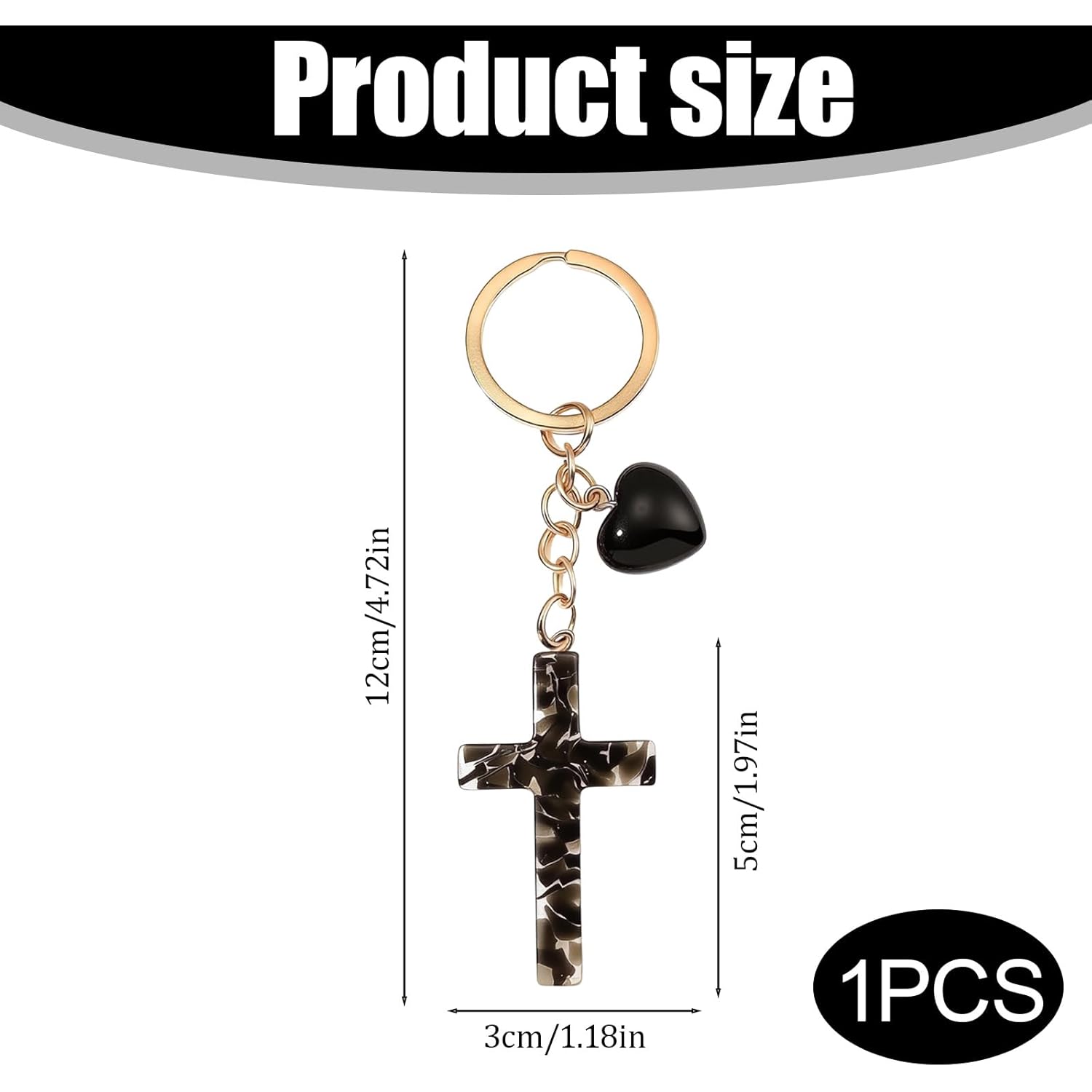 Gold Tone Key Ring with Black Heart Charm, Cross Keychain for Women Vintage Cross Key Chains for Car Key Rings Purse Backpacks Handbags