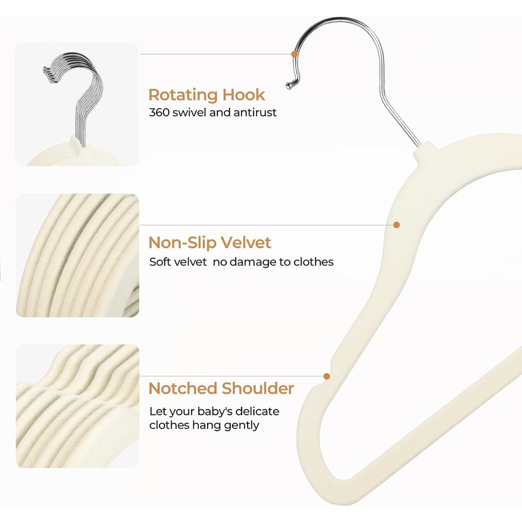 Kids Velvet Hangers, 50 Pack, 11.8 In Non-Slip Baby & Toddler Clothes Hangers, Baby Felt Hangers With Notches & 360° Swivel Hooks For Space-Saving, Beige