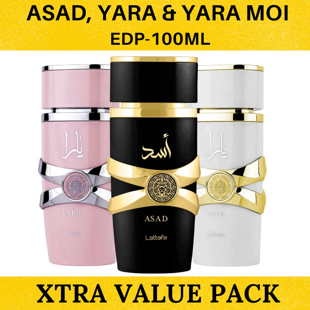 Lattafa for Women 3 Piece Eau de Parfum Gift Set (Yara + Yara Moi + Asad) 3.4 Ounce/100 ml each