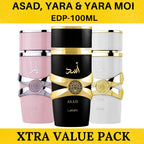 Lattafa for Women 3 Piece Eau de Parfum Gift Set (Yara + Yara Moi + Asad) 3.4 Ounce/100 ml each