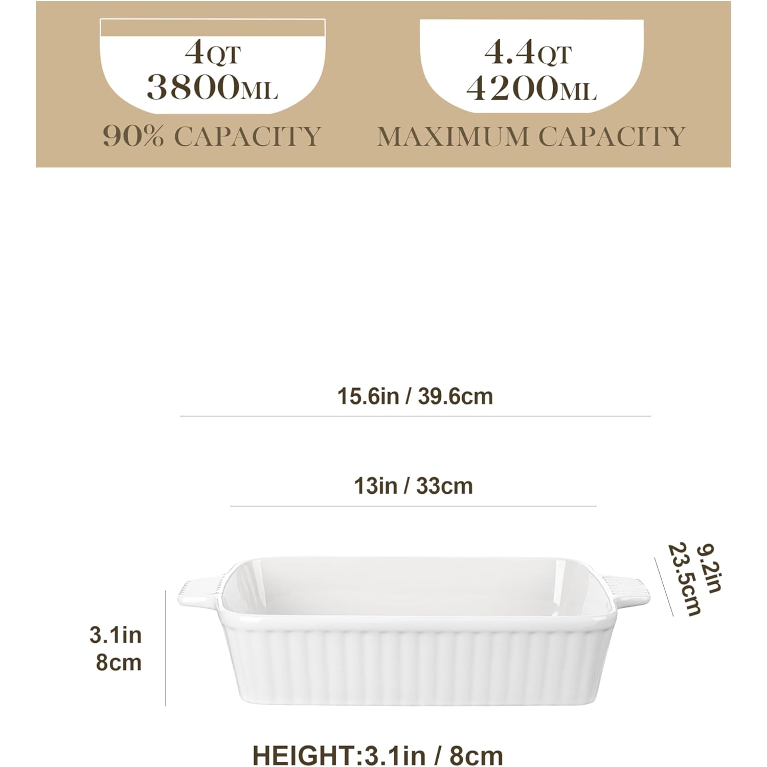 MALACASA 4.4 QT Baking Dish, 9x13 Large Casserole Dish for Oven, Ceramic Baking Pan, Rectangular Lasagna Pan Deep with Handles for Baking, Durable Microwave Oven Safe, Wedding Gift,White, Series BAKE-BAKE