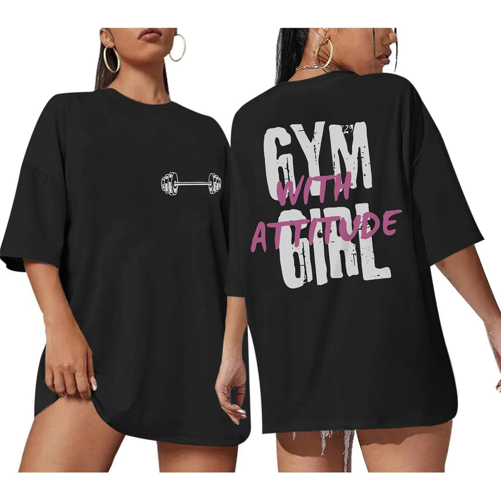 Funny Workout Shirts Women Oversized Weightlifting Graphic Tshirt Gym Girl with Attitude Tees Gym Lover Tops Black