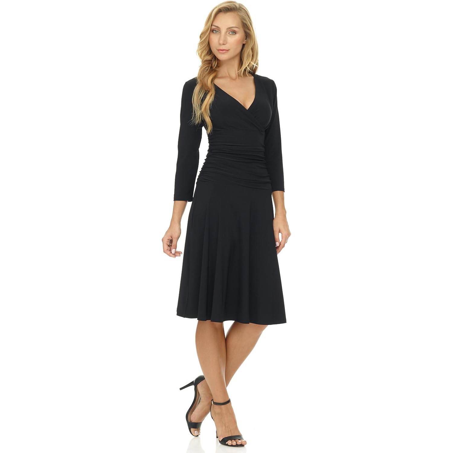 Women's Slimming 3/4 Sleeve Fit-and-Flare Crossover Tummy Control Dress