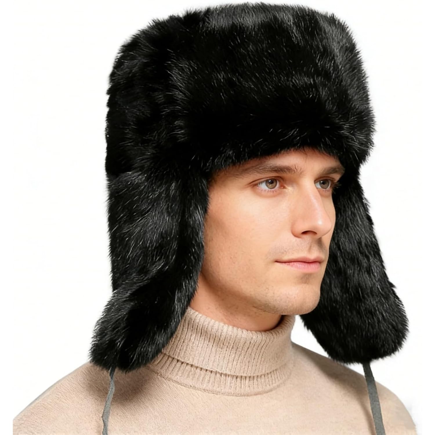 SIQITECHNO Men Winter Trapper Russian Trooper Hat Faux Fur Ushanka Eskimo Earflap Pilot Hat Furry Windproof Hunting Ski Cap
