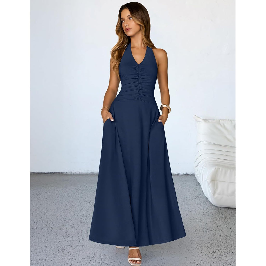Merokeety Women'S Formal Halter Maxi Dress 2026 Summer Backless Sleeveless V Neck Ruched Cocktail Wedding Guest Dresses