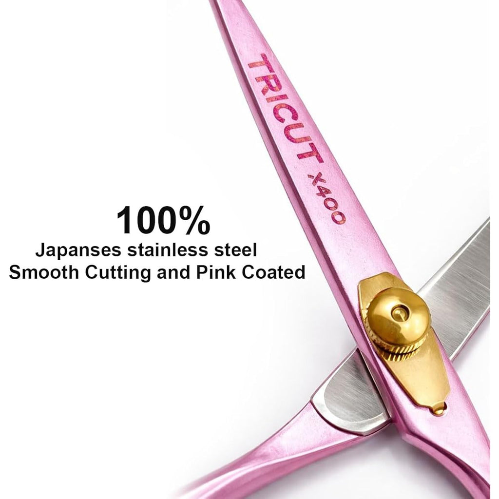 X400 Professional Barber Scissors 6.5” – Pink Hair Cutting Shears For Men & Women Japanese Stainless Steel, Adjustable Tension Screw, Ergonomic Handle Includes Comb & Leather Case