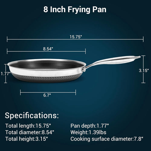 8 Inch Tri-Ply Stainless Steel Hybrid Frying Pan, Ceramic Nonstick Skillet, Induction & Oven Safe 600°F, PFAS/PFOA Free Professional Clad Cookware