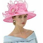 DRESHOW Women Organza Hat Church Cap Hats Clearance Kentucky Derby Cocktail Tea Party Wedding Flower Hat with Wide Brim Flower Hat: Pink