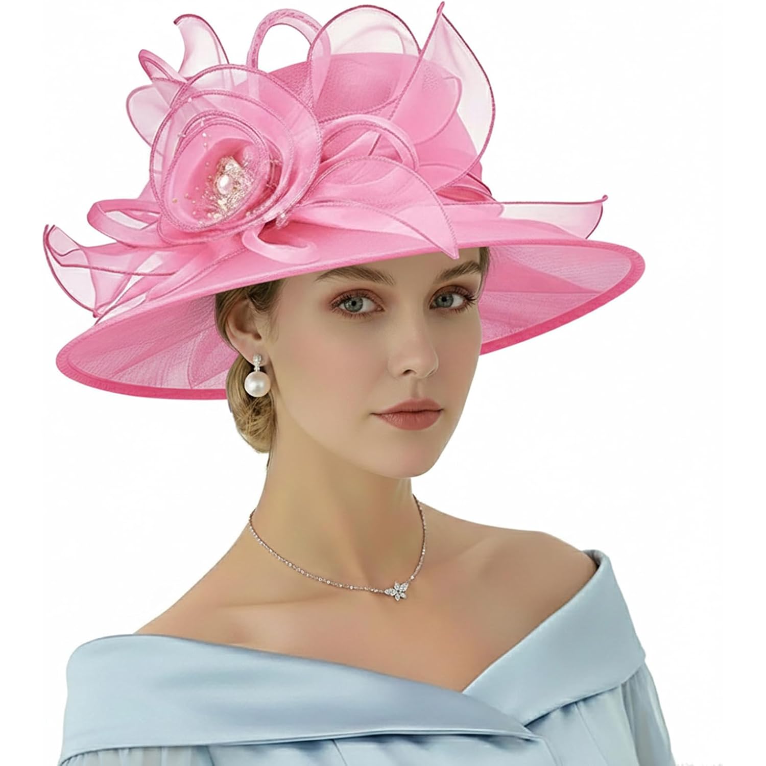 DRESHOW Women Organza Hat Church Cap Hats Clearance Kentucky Derby Cocktail Tea Party Wedding Flower Hat with Wide Brim Flower Hat: Pink