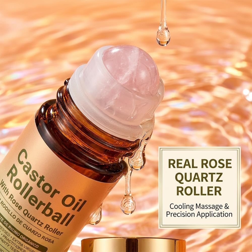 2Pcs Castor Oil With Rose Quartz Roller - 100% Cold Pressed Moisturizing Oil With Rose Quartz Roller Ball For Face And Body, Hair, Eyebrows, Moisturize Skin