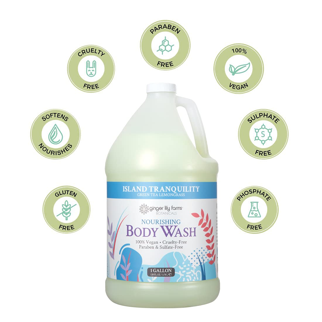Ginger Lily Farms Botanicals Nourishing Body Wash, Island Tranquility, 100% Vegan & Cruelty-Free, Green Tea Lemongrass Scent, 1 Gallon Refill (128 Fl. Oz.)