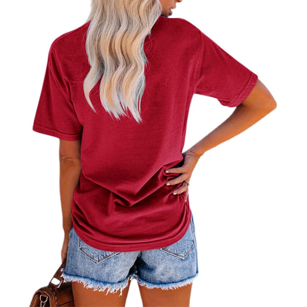 NIUBIA Women's Letter Print Basic Crew Neck Tee Summer Short Sleeve T-Shirt with Pockets Loose Fitting Tops Red Wine
