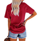 NIUBIA Women's Letter Print Basic Crew Neck Tee Summer Short Sleeve T-Shirt with Pockets Loose Fitting Tops Red Wine