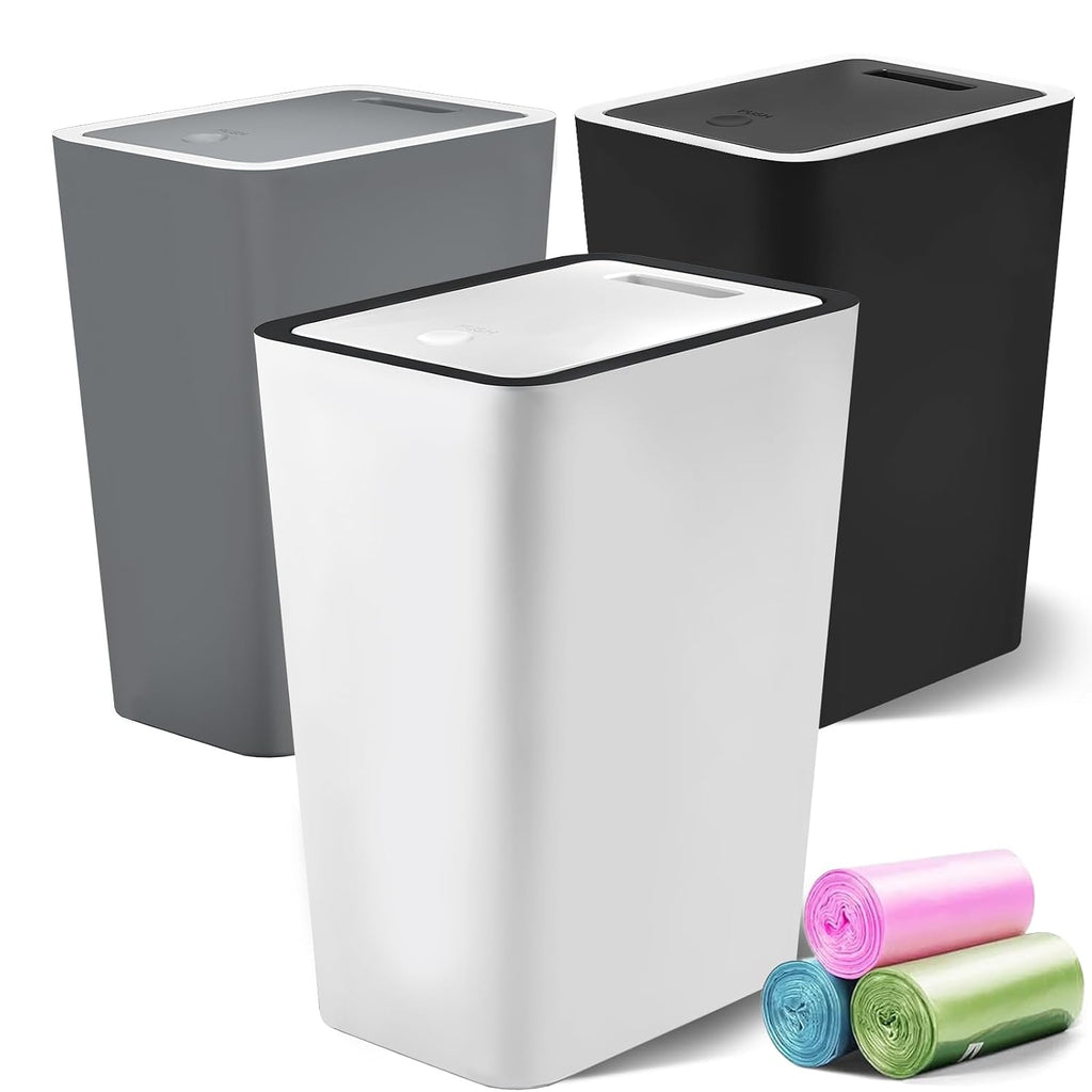 4 Gallon Trash Can 3 Packs, Bedroom Trash Can With Lid & Trash Bags | Small Garbage Can Press-Top For Dog & Child Proof, Oder Seal, Waste Basket For Bedroom, Office, Living Room, Bathroom (Multi)