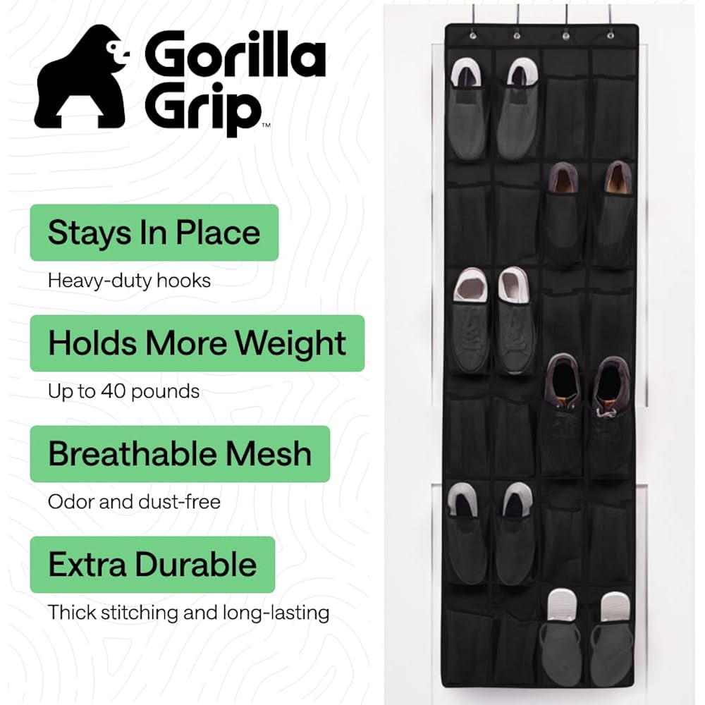 Gorilla Grip Over The Door Shoe Organizer, 24 Large Breathable Mesh Pockets, Space Saving Hanging Storage Holder, Closet Rack Hanger Holds Up To 40 Lbs, Hangs On Closets For Shoes, Accessories, Black