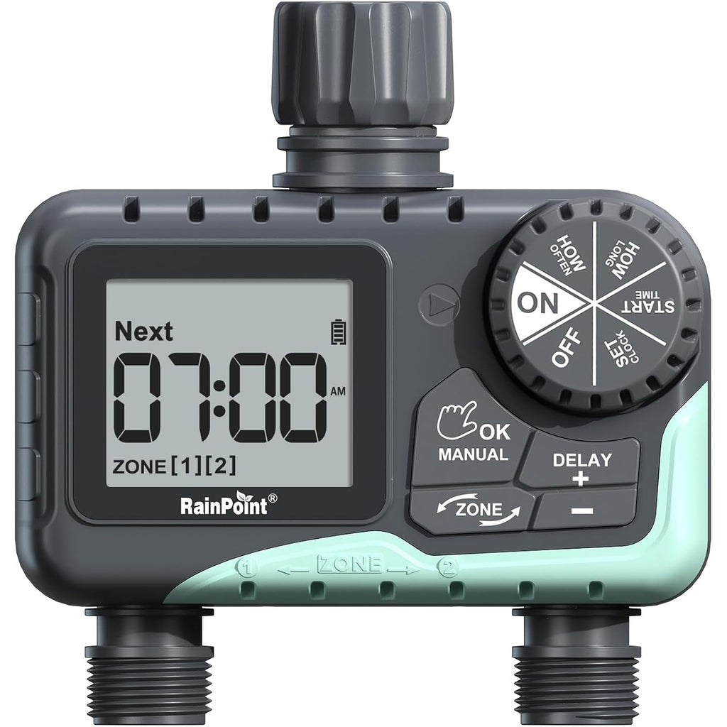 Rainpoint Water Timer For Garden Hose - 2 Zone Sprinkler Timer With Rain Delay/Manual Watering/Automatic Irrigation For Yard Lawn