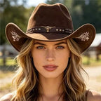 Women Men Western Cowboy Hat, Wide Brim Cattle Head Belted Floral Embroidery Cowgirl Hat Felt Jazz Cap for Rodeo Party Coffee