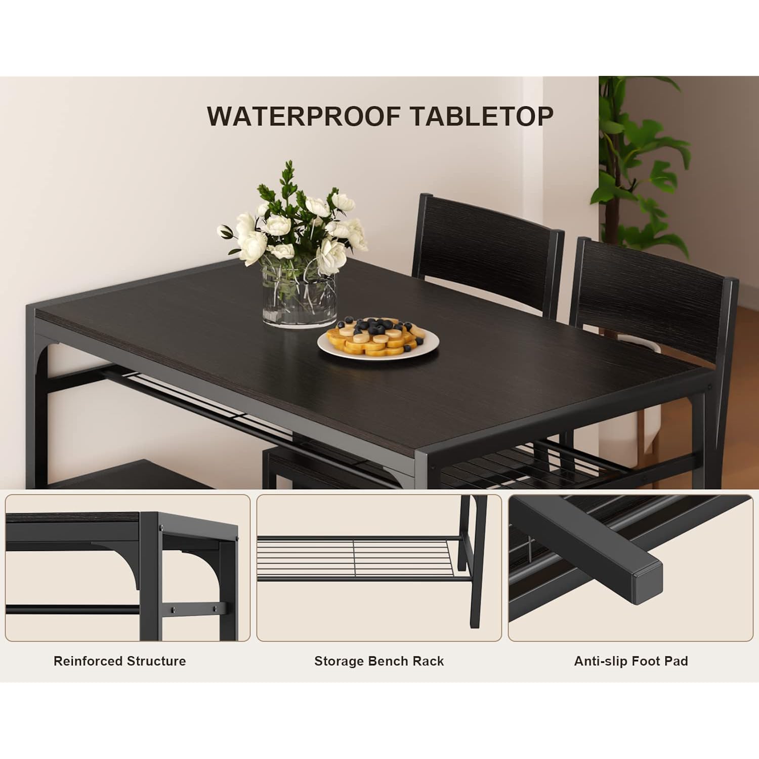 Gizoon Kitchen Table And 2 Chairs For 4 With Bench, 4 Piece Dining Table Set For Small Space, Apartment