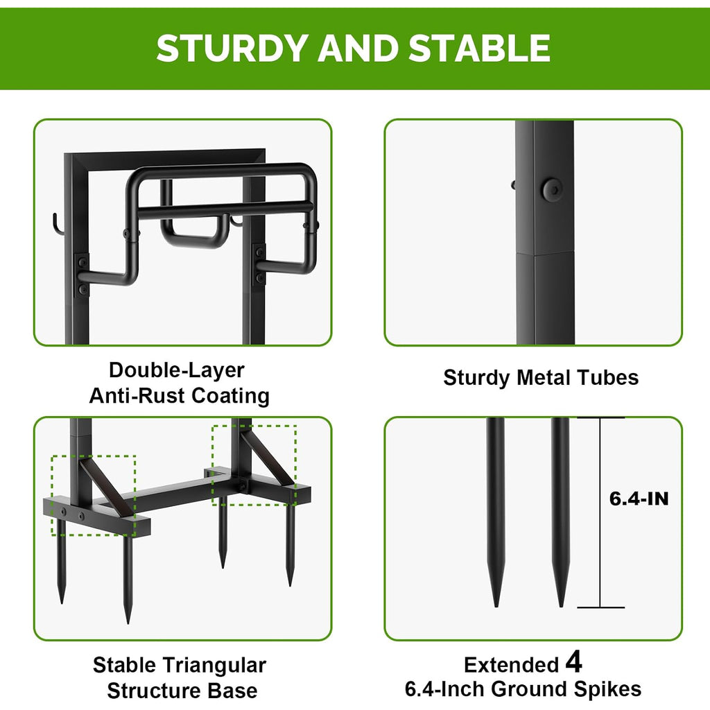 Garden Hose Holder With Stable Base And Tool Hooks, Gaviscity Heavy-Duty Metal Hose Hanger Garden Hose Storage Holds 151Ft Hose, Rustproof Freestanding Water Hose Holder For Outside, Yard, Lawn, Black