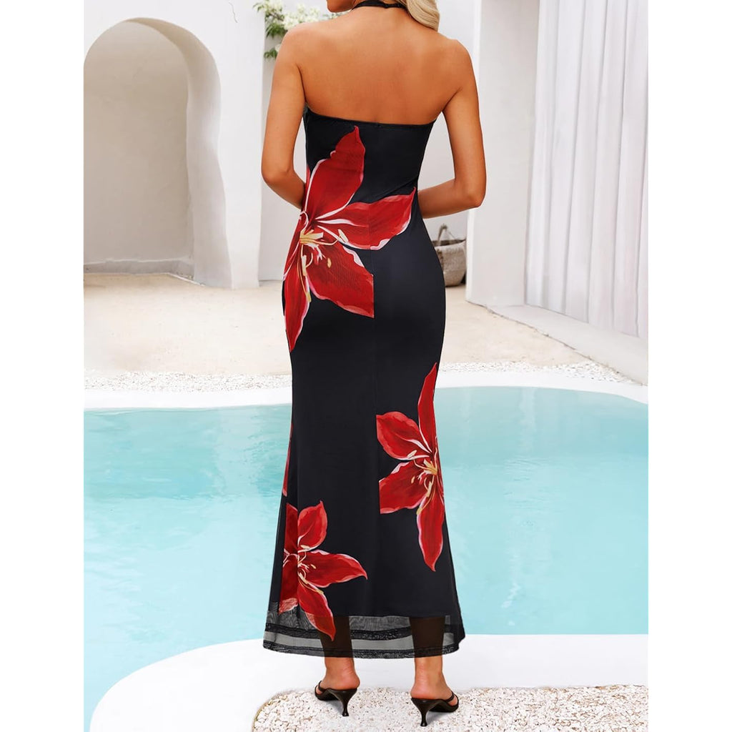 Zesica Women'S 2026 Summer Halter Neck Floral Print Maxi Dress Sleeveless Backless Wedding Guest Party Bodycon Long Dresses