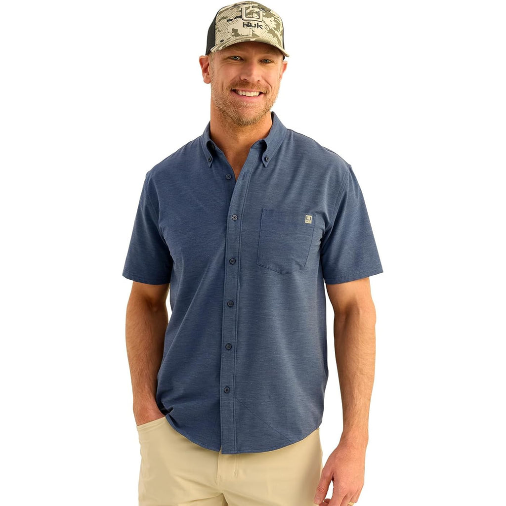 Huk Mens Kona Solid Short Sleeve Fishing Button Down Shirt For Men, Fresh Salmon, 3X-Large