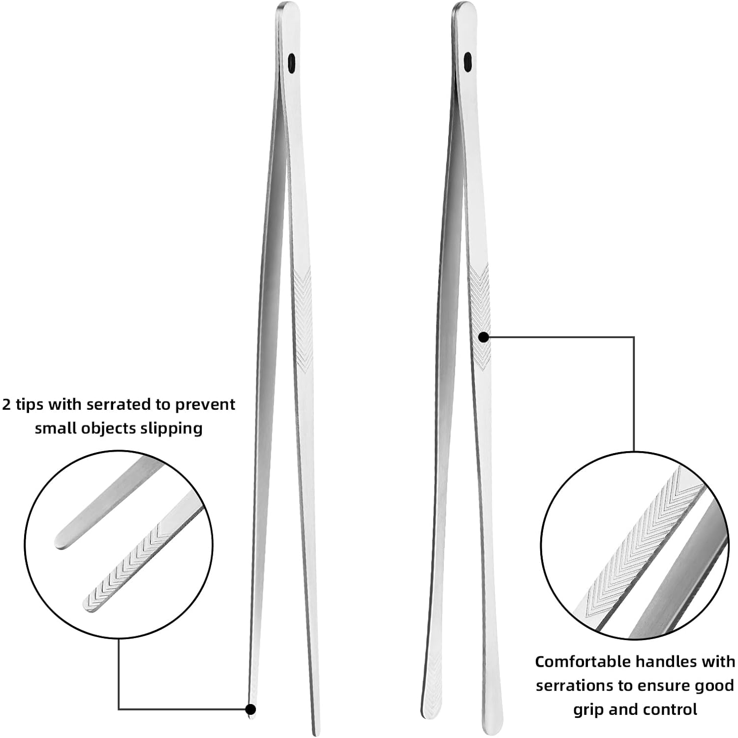 Kitchen Cooking Tongs Tweezers - 2Pcs 12" Stainless Steel Kitchen Utensils, Metal Fine Tweezers Tongs With Precision Serrated Tips For Chef, Serving Food, Grill, Culinary, Pasta, Salad, Bbq