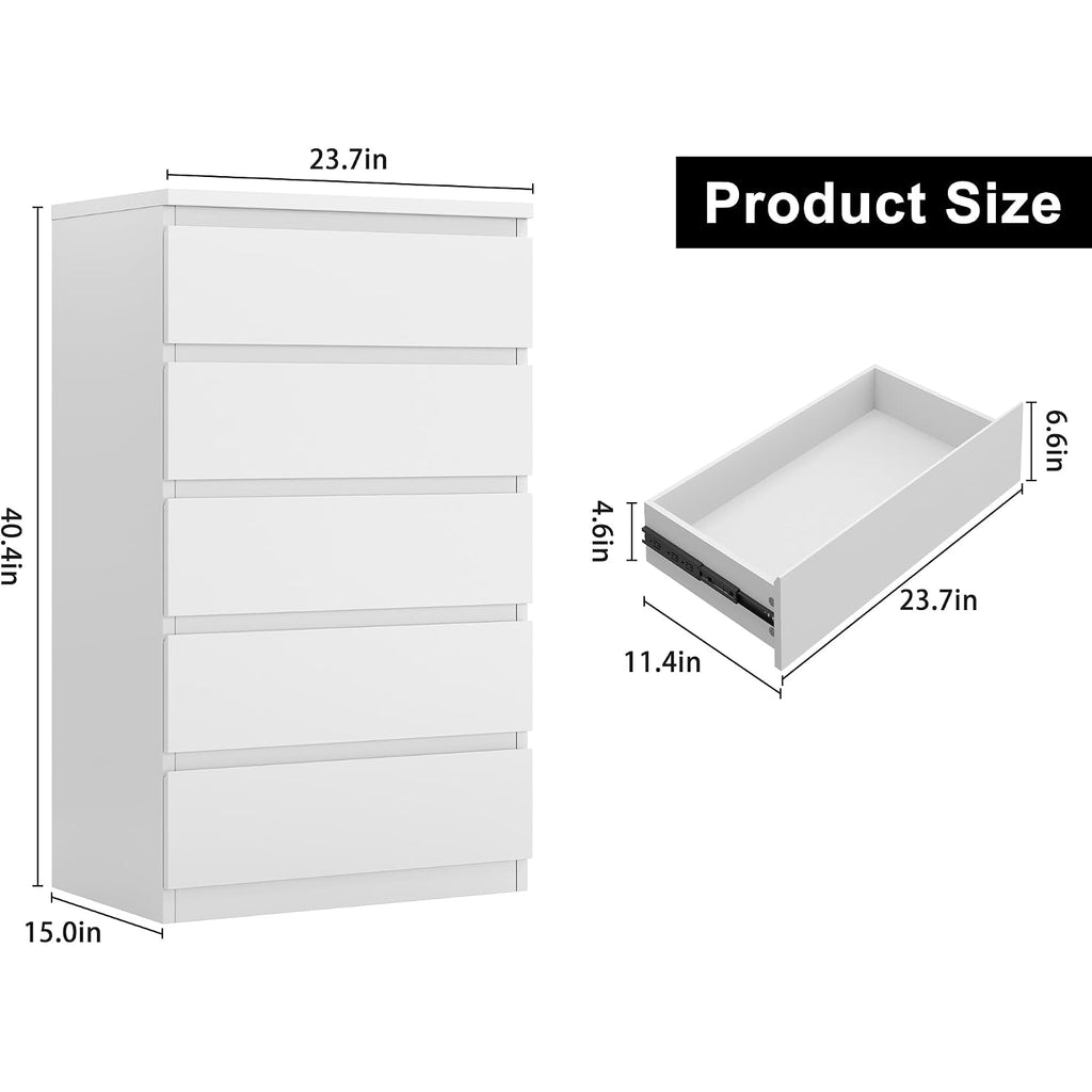 Jocoevol White 5 Drawer Dresser For Bedroom, 15" D X 23.7" W X 40.4" H In Simply Modern Chest Of Drawers, Wood Storage Dresser With Deep Drawers For Living Room Hallway Entryway, White