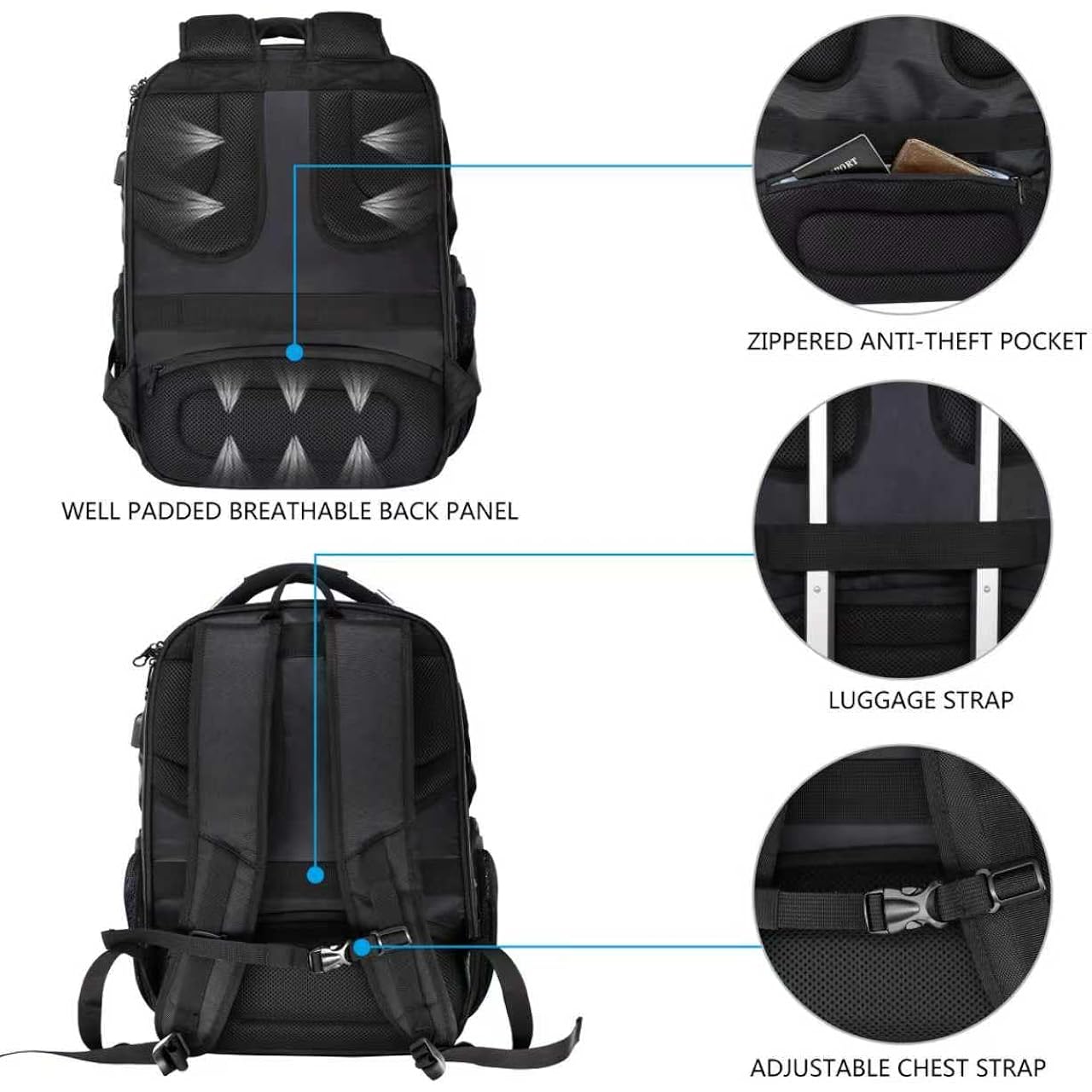 Kroser Tsa Friendly Travel Laptop Backpack 17.3 Inch Xl Computer Backpack Water-Repellent College Daypack Business Backpack With Rfid Pockets & Usb Port For Men/Women-Black