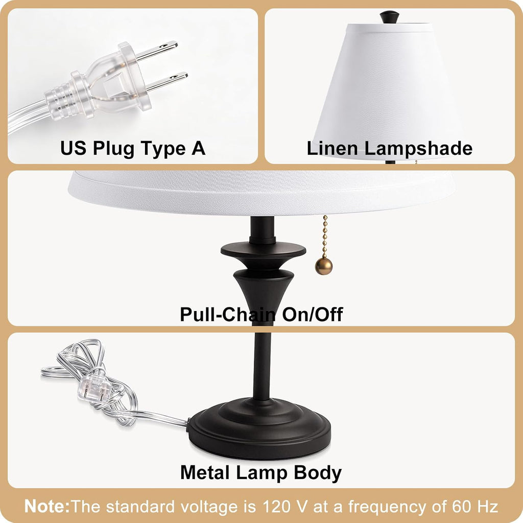 Metal Table Lamp For Bedroom, Pack Of 2, Black Base (Bulb Not Included) | Modern Decor Lighting For Living Room Bedside Nightstand Office, White Linen Fabric Shade Desk Lamp With Black Metal Base
