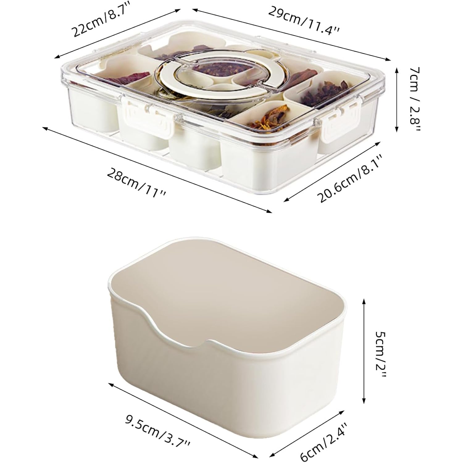 Pure Future Air-Tight Snackle Box Container –Divided Serving Tray With Lid & Handle–Clear Snack Box For Fruits, Candy & Nuts–Portable For Travel & Daily Use (8 Inside Containers Dishwasher Safe)