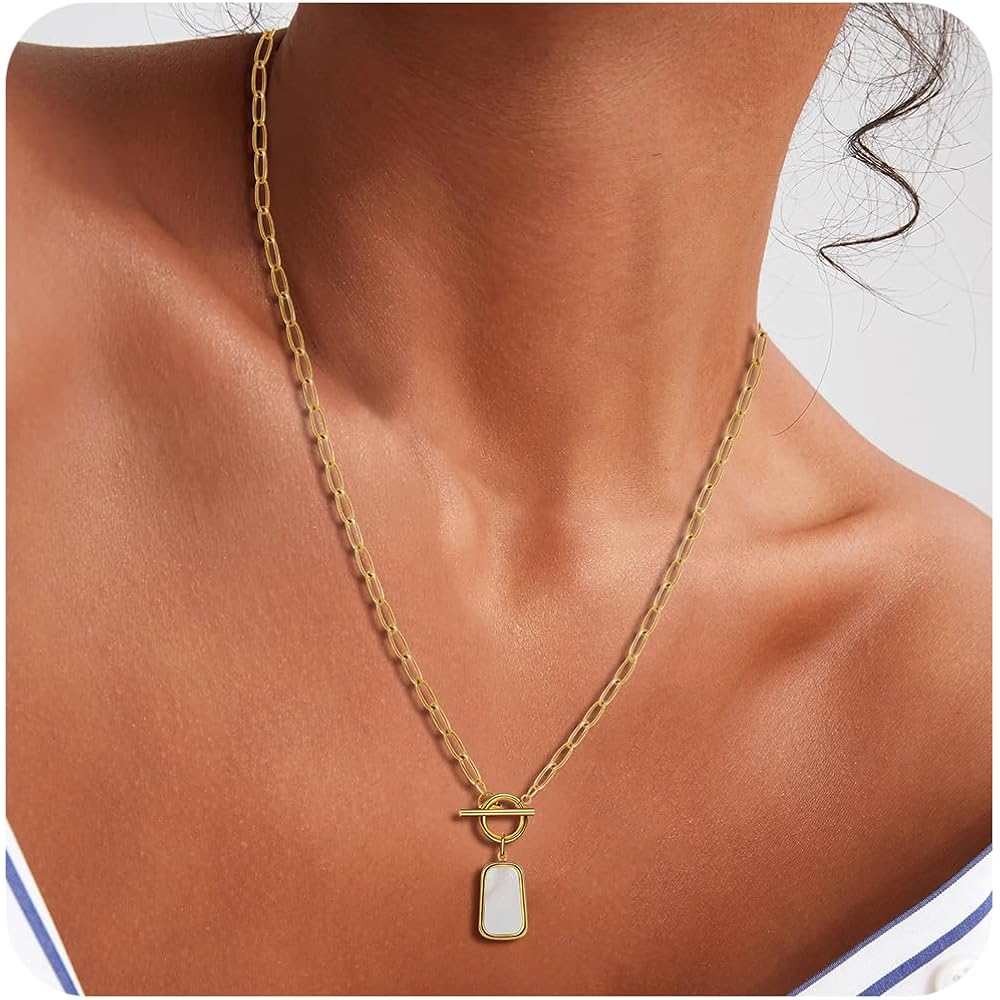 Natural White Sea Shell OT Clasp Long Plate Pendant Necklace For Women Trendy Elegant in Color and Luster Titanium Steel Electroplated with 18K Gold Necklace