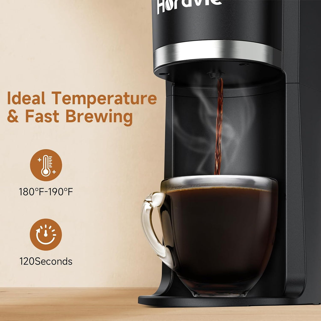 Horavie Small Single Serve Coffee Maker, Fast Brew One Cup Coffee Machine For K Cup And Grounds, 6 To 12 Oz. Brew Sizes, Pod Coffee Maker With Descaling Reminder And Viewing Tank, Black