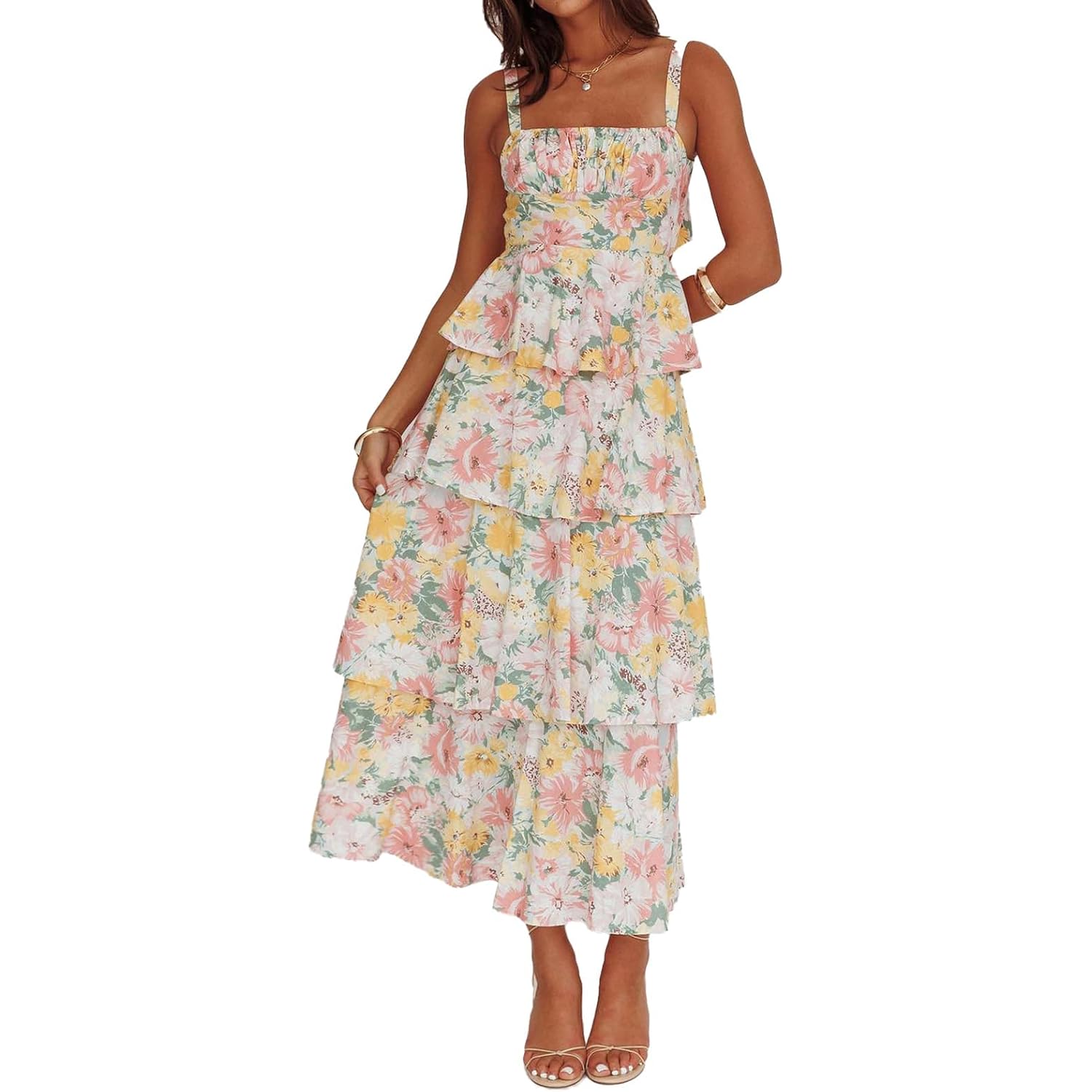 Abyovrt Women Floral Maxi Dress Sleeveless Bow Back Tiered Boho Flowy Long Dresses Summer Fall