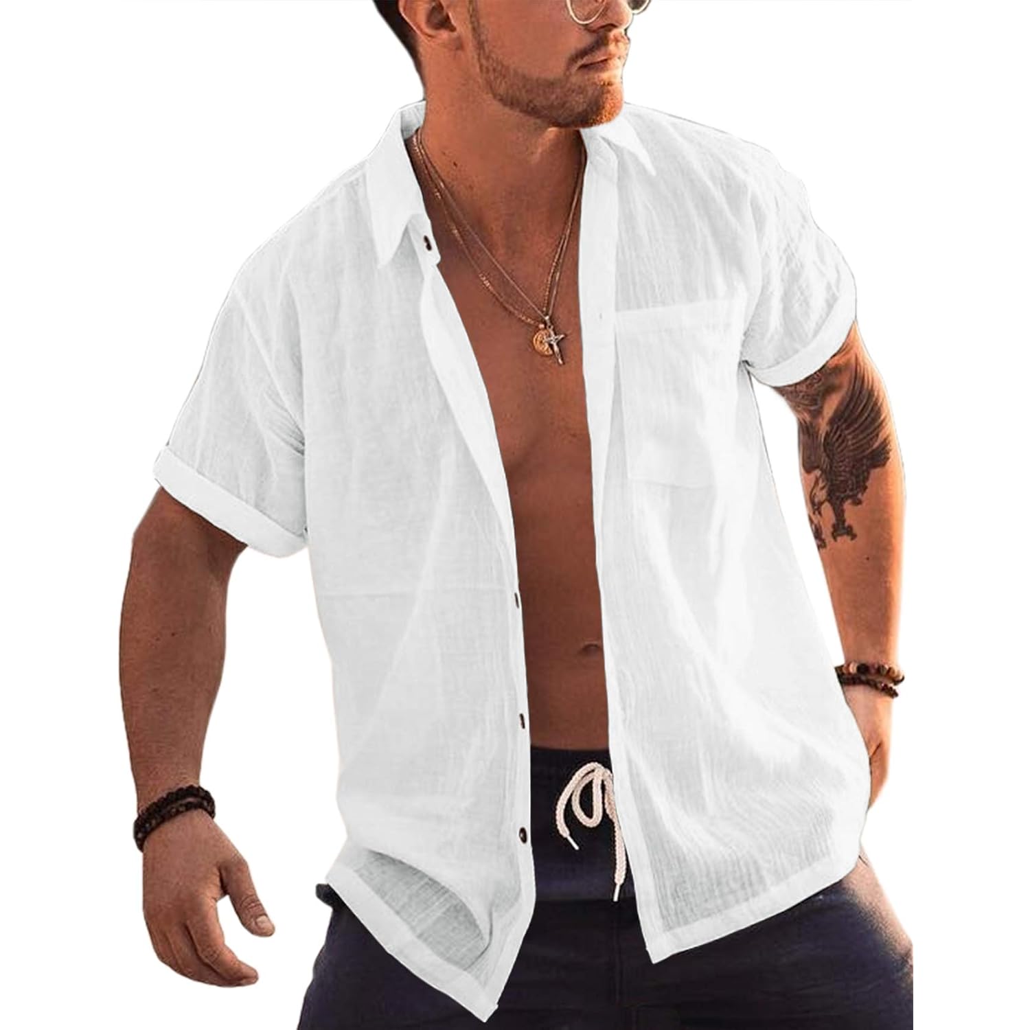 Bbalizko Mens Short Sleeve Button Up Shirts Linen Cotton Beach Tops Spread Collar Plain Summer T Shirt With Pocket