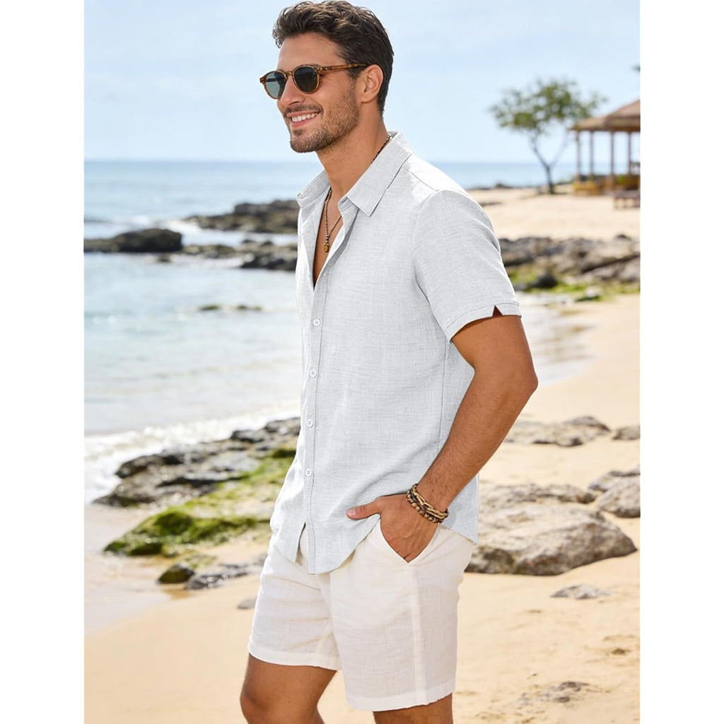 Men'S Linen Shirts Casual Lightweight Button Down Shirt Beach Vacation Summer Tops Short Sleeve Stylish Shirt