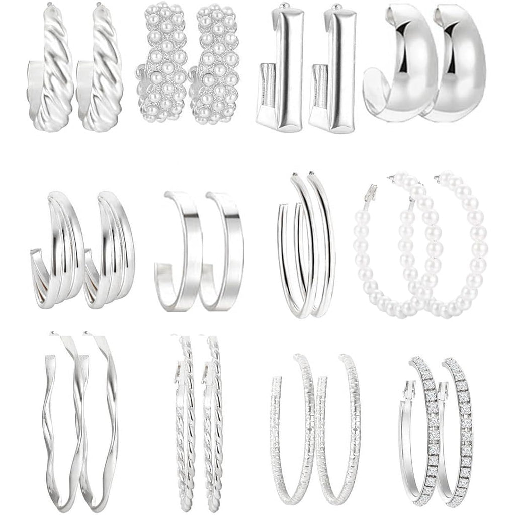 Gold Hoop Earrings Set for Women, Fashion Chunky Pearl Earrings Multipack Twisted Statement Earring Pack, Hypoallergenic Small Big Hoops Earrings for Birthday Party