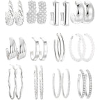 Gold Hoop Earrings Set for Women, Fashion Chunky Pearl Earrings Multipack Twisted Statement Earring Pack, Hypoallergenic Small Big Hoops Earrings for Birthday Party