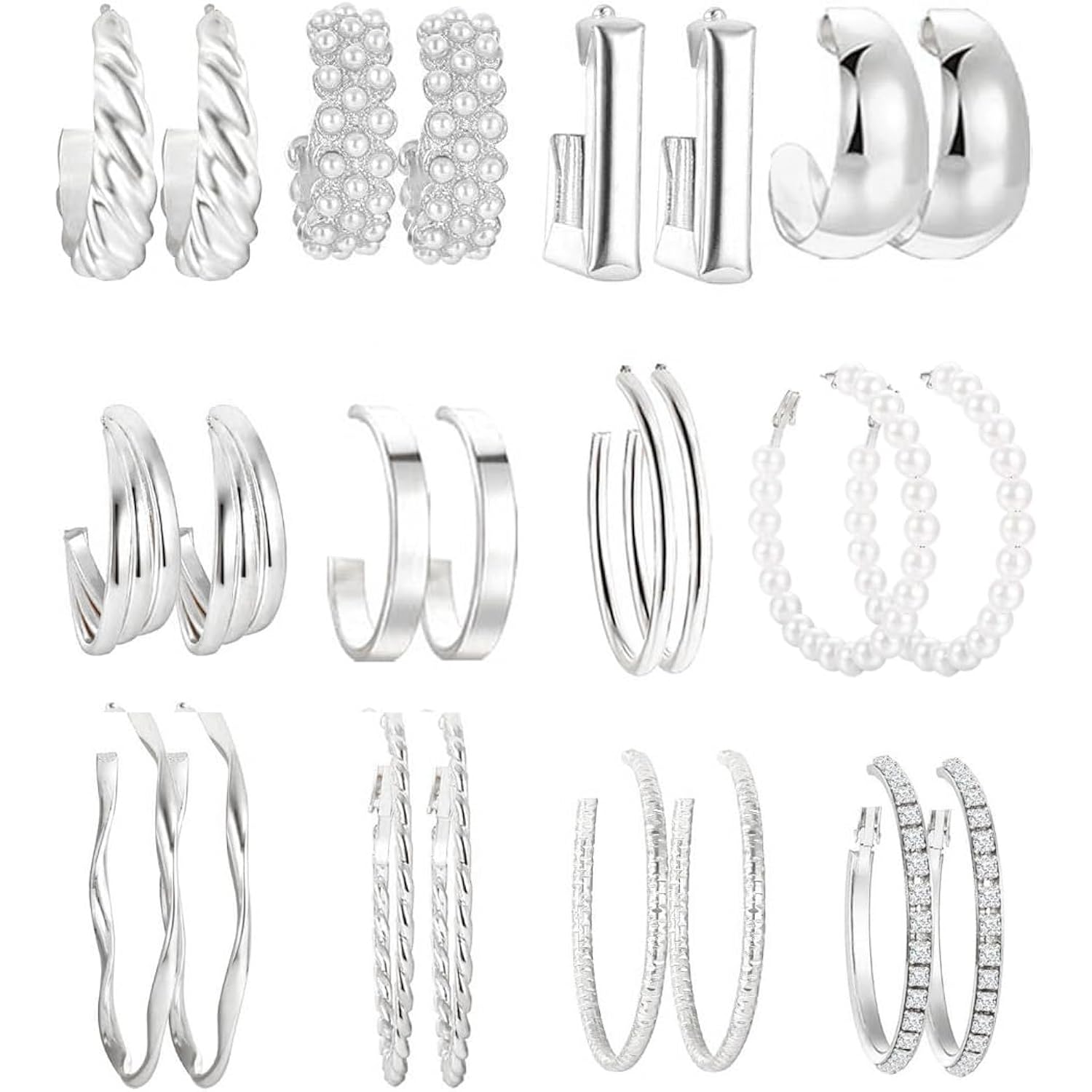 Gold Hoop Earrings Set for Women, Fashion Chunky Pearl Earrings Multipack Twisted Statement Earring Pack, Hypoallergenic Small Big Hoops Earrings for Birthday Party
