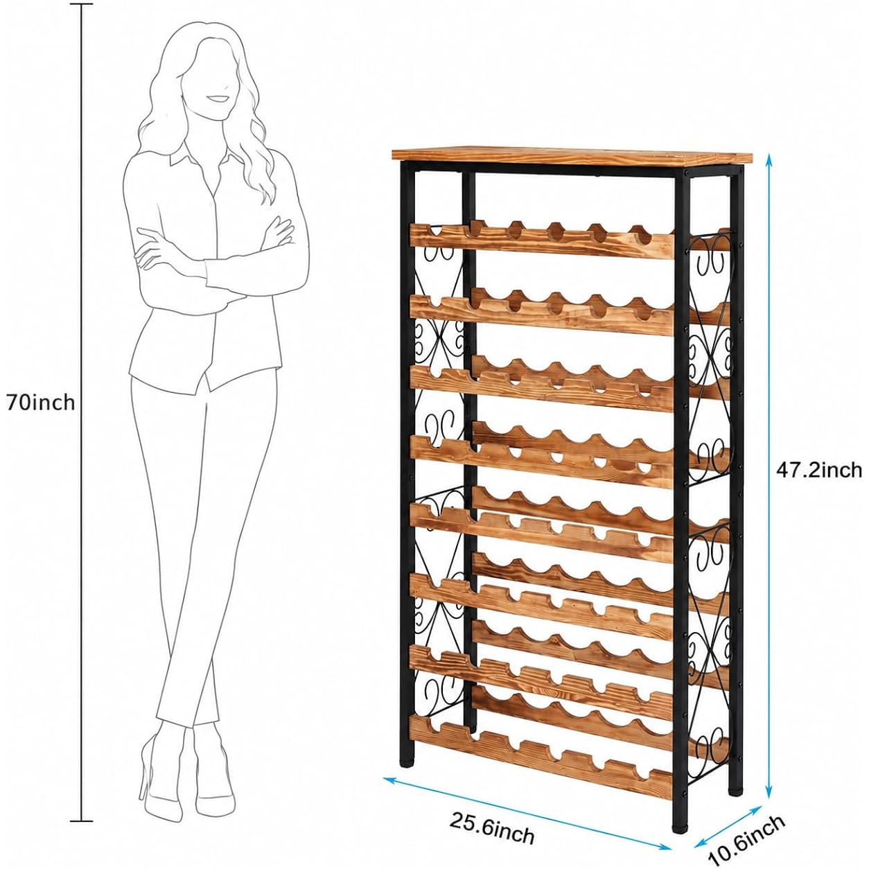 48 Bottle Wine Rack Freestanding Floor With Wood Top,8-Tier Wine Storage Shelf With Serving Station, Wine Holder For Kitchen, Bar, Dining Room, Home Bar Cabinet For Wine Bottles, No Wobble
