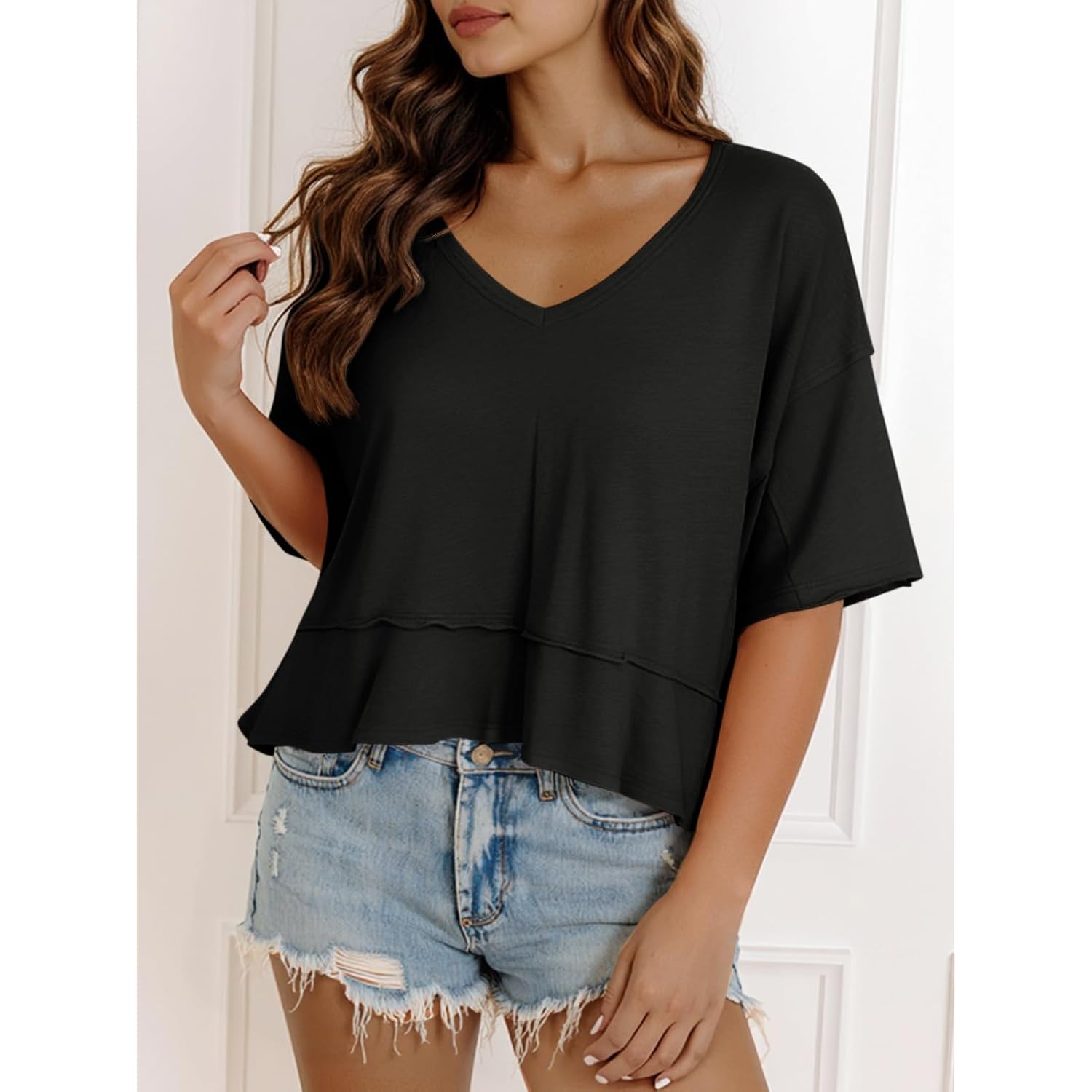 Cicy Bell Womens Oversized Crop T-Shirts Summer V Neck Short Sleeve Tops Casual Loose Fit Curved Hem Boxy Tee Shirt