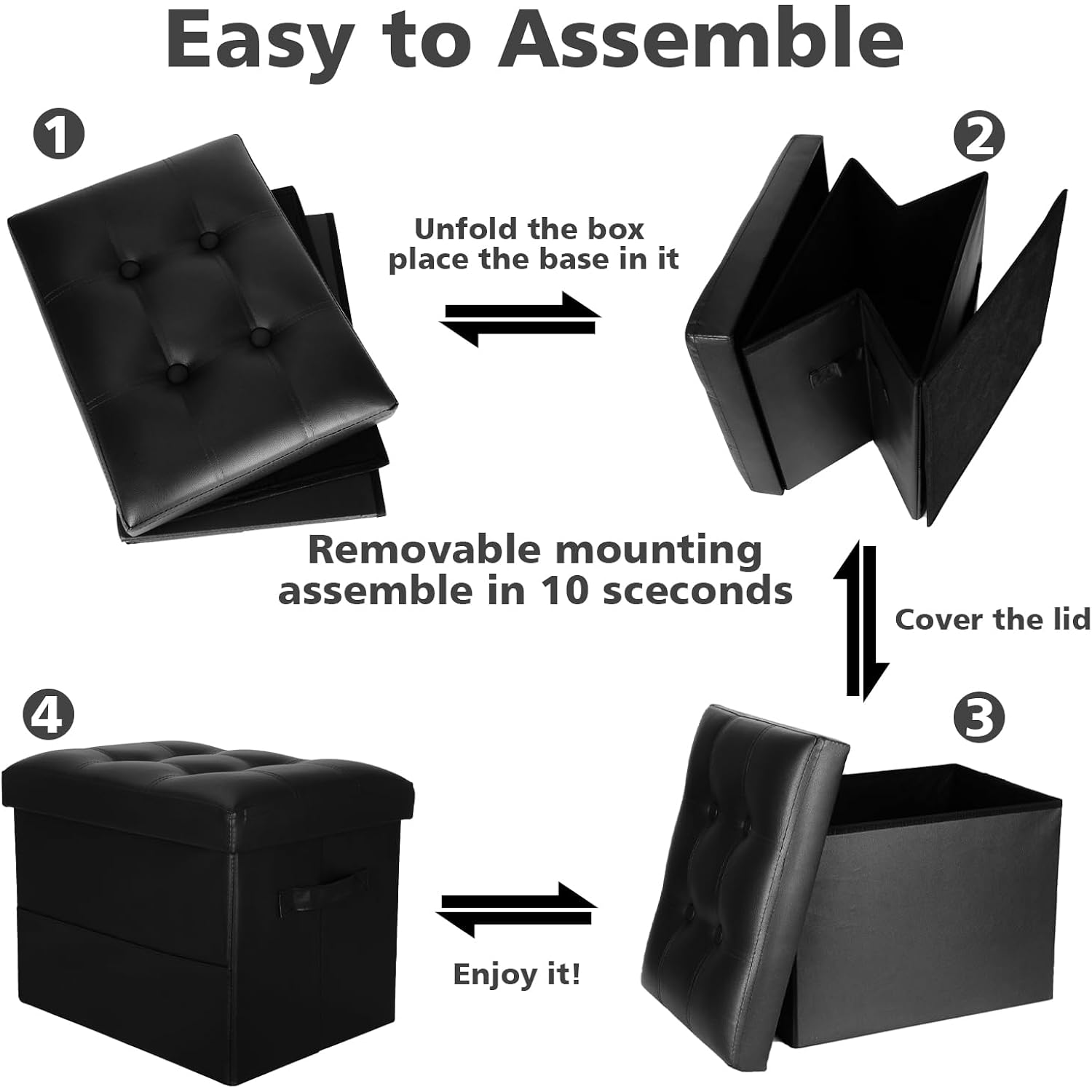 Storage Ottoman Foot Rest Stool With Thicker Foam Padded Seat. Foldable Leather Footstool Bench. Small Ottoman With Storage For Living Room Bedroom Coffee Table 350 Lbs, 17X13X13In, Black.