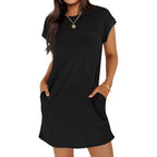 Wenrine Women'S Summer T Shirt Dress Casual Short Sleeve Crewneck Loose Fit Mini Dresses With Pockets