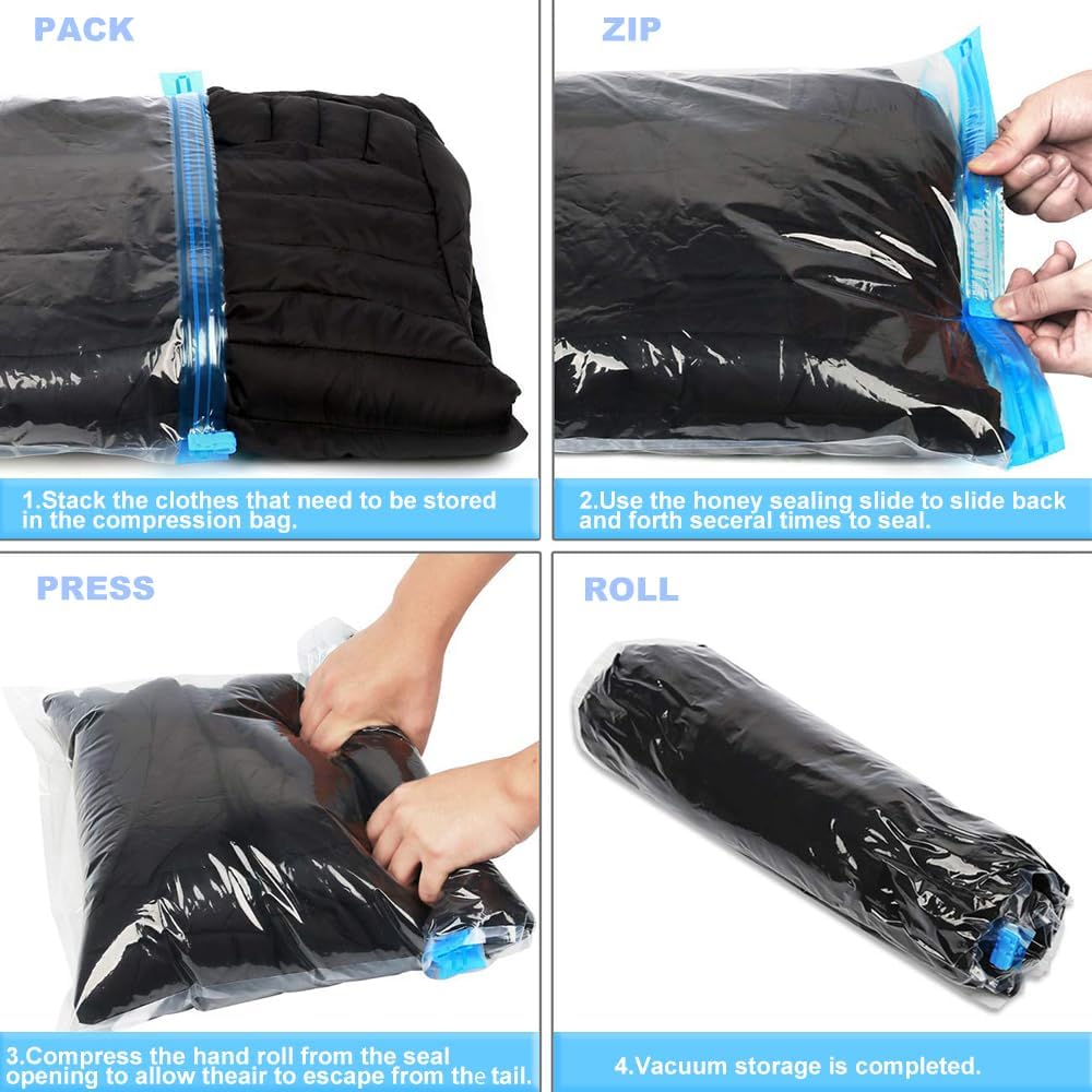 Compression Bags - Travel Essentials - 12 Pack Space Saver Bags - No Vacuum Pump Or Air Extractor Is Needed - Storage Accessorie And Home Packing Organizers (Transparent)